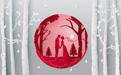 Illustration of romantic couple in the winter forest