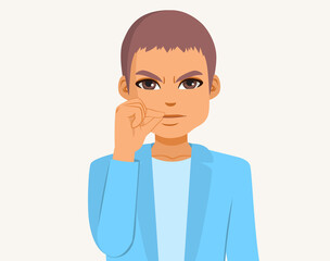 Man making silence zip gesture with closed mouth and finger on lips