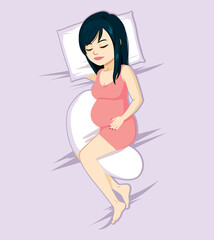 Young Asian pregnant woman sleeping on bed with pillow between legs