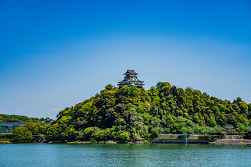 Fototapeta na wymiar 新緑の木曽川対岸から見る国宝犬山城 
