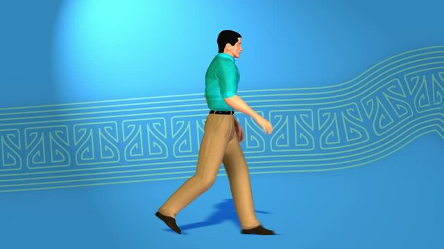 3d animation, a man walking, running with many onlookers on blue background