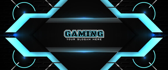 Futuristic black and blue gaming banner design template with metal technology concept. Vector illustration for business corporate promotion, game header social media, live streaming background © Majri