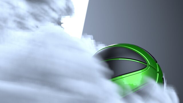Black-Green Basketball with dark brown toned foggy smoke background. 3D sketch design and illustration. 3D high quality rendering. 3D CG.