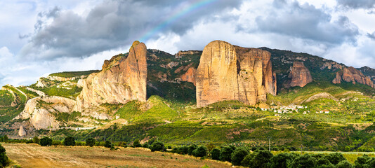 Rainbow above the Mallos de Riglos in Huesca, Spain