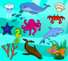 Varios animales marinos con planta acuatica y coral