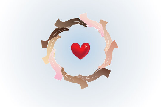 Hands teamwork logo diversity people in a circle shape with a heart love icon vector image design template