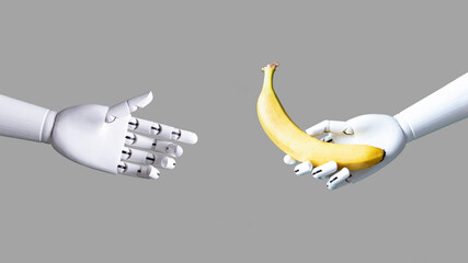 creative concept of robot hand holding yellow fruit banana isolated