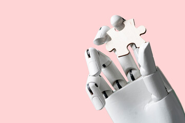 robotic machine arm hand holding jigsaw puzzle, solving problem concept