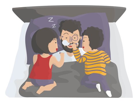 Daily routine with kids, two kids drawing on their father's face while he is in bed