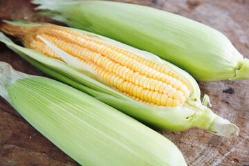 Fresh corn on the cob on a cutting board