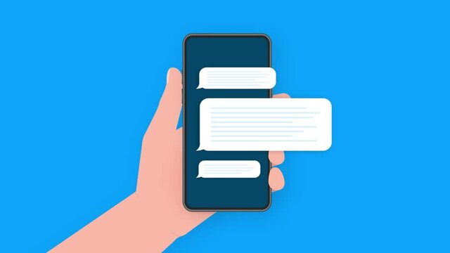 Hand holds phone with chat message on blue background. Motion graphics.