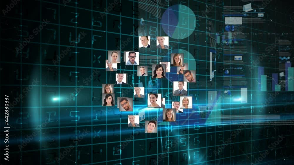 Poster globe of profile icons spinning against digital interface with data processing on black background