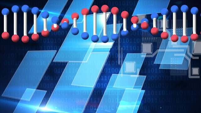 Dna structure spinning against square shape design and binary coding on blue background