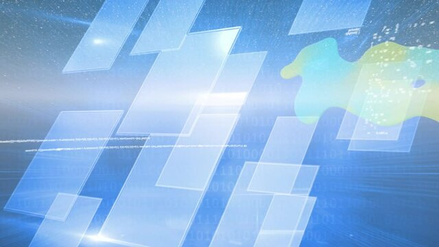 Data processing against square shape design and binary coding on blue background