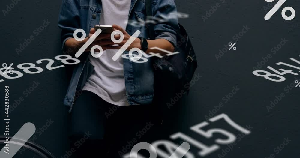 Poster multiple changing numbers and percentage icons floating against mid section of man using smartphone