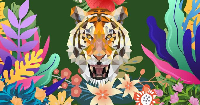 Animation of colourful foliage parting to reveal tiger, on green background