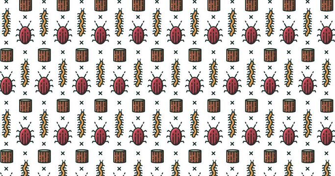 Animation of pattern of repeated rows of caterpillars, beetles and tree stumps, on white background