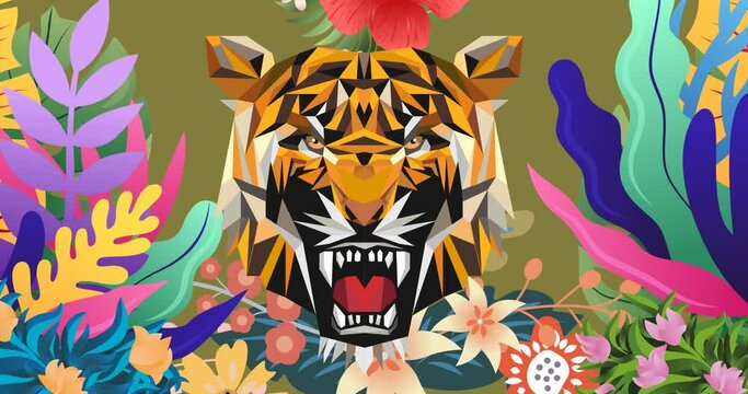 Animation of colourful foliage parting to reveal snarling tiger, on green background