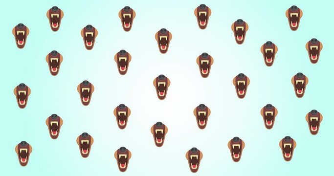 Animation of rows of repeated wild cat and dog muzzles, on pale blue background