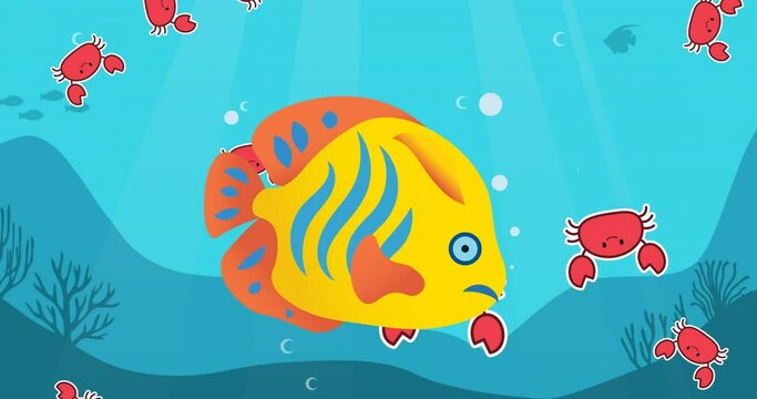 Animation of yellow fish over crabs falling on blue water and seabed background