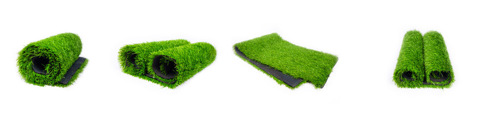 set roll  of artificial green grass isolated on white background,plastic lawn