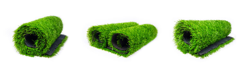 set artificial turf roll of green grass isolated on white background illustration