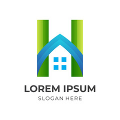 simple house, letter H and house, combination logo with 3d colorful style