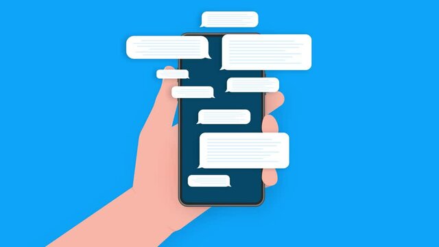 Hand holds phone with chat message on blue background. Motion graphics.
