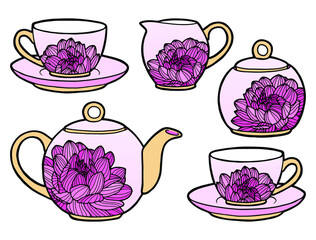 Hand drawing tea set. Teapot, milk jug, sugar bowl and cups and saucers. Pink crockery with floral decoration. Dahlia flowers. 