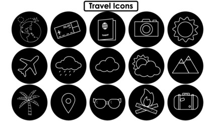 iconos de objetos y cosas de viajes en blanco y negro