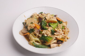 Capcai or capcay is the name of a typical Chinese-Indonesian dish in the form of many kinds of vegetables cooked by boiling or stir-frying. Capcai was originally a variation of a typical Fujian dish