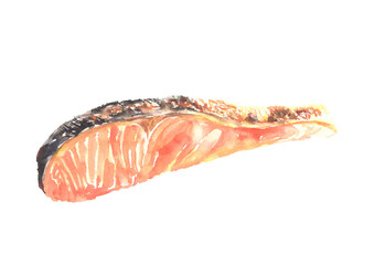 水彩で描いた焼き鮭のイラスト