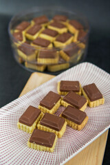 Malaysian Kuih Raya called Royal Chocolate Tart. Popular kuih raya on Hari Raya Aidilfitri in Malaysia. Selective focus.
