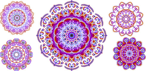 Decorative round ornaments set, isolated elements. Colorful mandala, stylized flower. Abstract geometric doodle patterns for plate decoration, fabric print, business or greeting card design