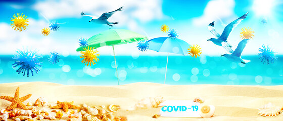 Fototapeta na wymiar Blue beach umbrella with coronavirus on vacation