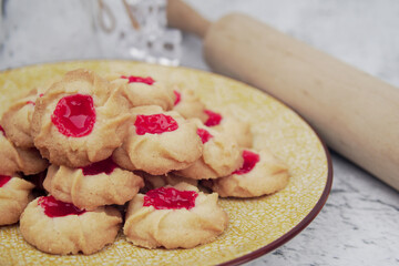 Malaysian Kuih Raya called Strawberry Butter Cookies. Popular kuih raya on Hari Raya Aidilfitri in Malaysia. Selective focus.