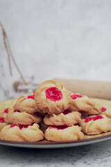Malaysian Kuih Raya called Strawberry Butter Cookies. Popular kuih raya on Hari Raya Aidilfitri in Malaysia. Selective focus.