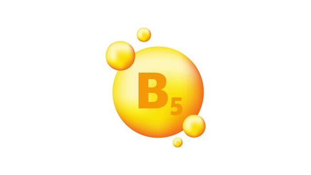 Vitamin B5 with realistic drop on gray background. Particles of vitamins in the middle. Motion graphics.