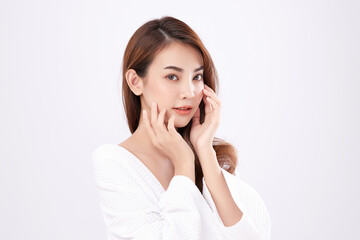 Fototapeta premium Beautiful young asian woman with clean fresh skin on white background, Face care, Facial treatment, Cosmetology, beauty and spa, Asian women portrait.