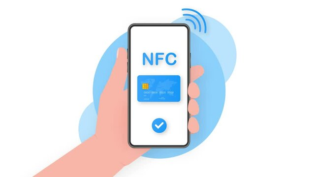 Hand holds phone with Contactless Payment Methods Mobile on blue background. Motion graphics.