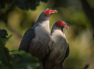 This image shows two wild pink pigeon (Nesoenas mayer) birds with red coloring around their eyes perched together in the tree tops.
