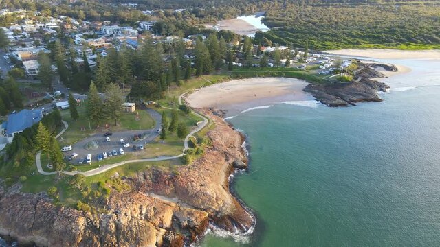 Parked Vehicles At Boat Chair Park In Monument Point Peninsula - Horseshoe Bay Beach In New South Wales, Australia. - aerial