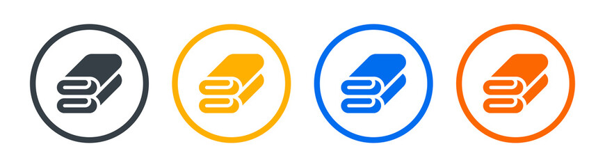 Stack of folded bath towels or napkins icon on round button design.