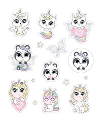 Collection of stickers with cute baby unicorns, pandas and cats with horns. Pastel soft colors. Vector.