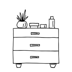 Simple hand-drawn vector drawing in black outline. Living room furniture, chest of drawers. Indoor plant, jars of cream. Home decor, design.
