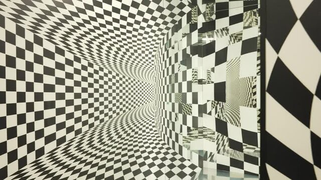 Inside View Of Optical Illusion Black And White Texture Room. Escher  Geometry Tracking Shot