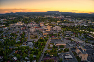 Aerial View of Downtown Fairbanks, Alaska during a Summer Sunset