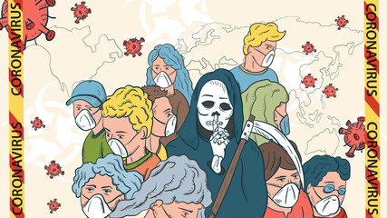 banner illustration for the design of the virus corona SARS-CoV-2 a cluster of masked people in the middle a skeleton of death with a scythe and flying virus molecules