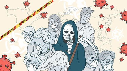 banner illustration for the design of the virus corona SARS-CoV-2 a cluster of masked people a gray mass in the middle a skeleton of death with a scythe and virus molecules