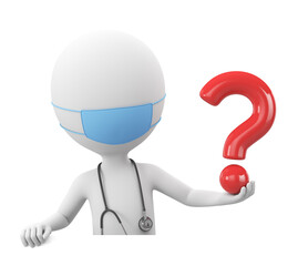 Cartoon character doctor in a blue mask holding a question mark. 3d render.